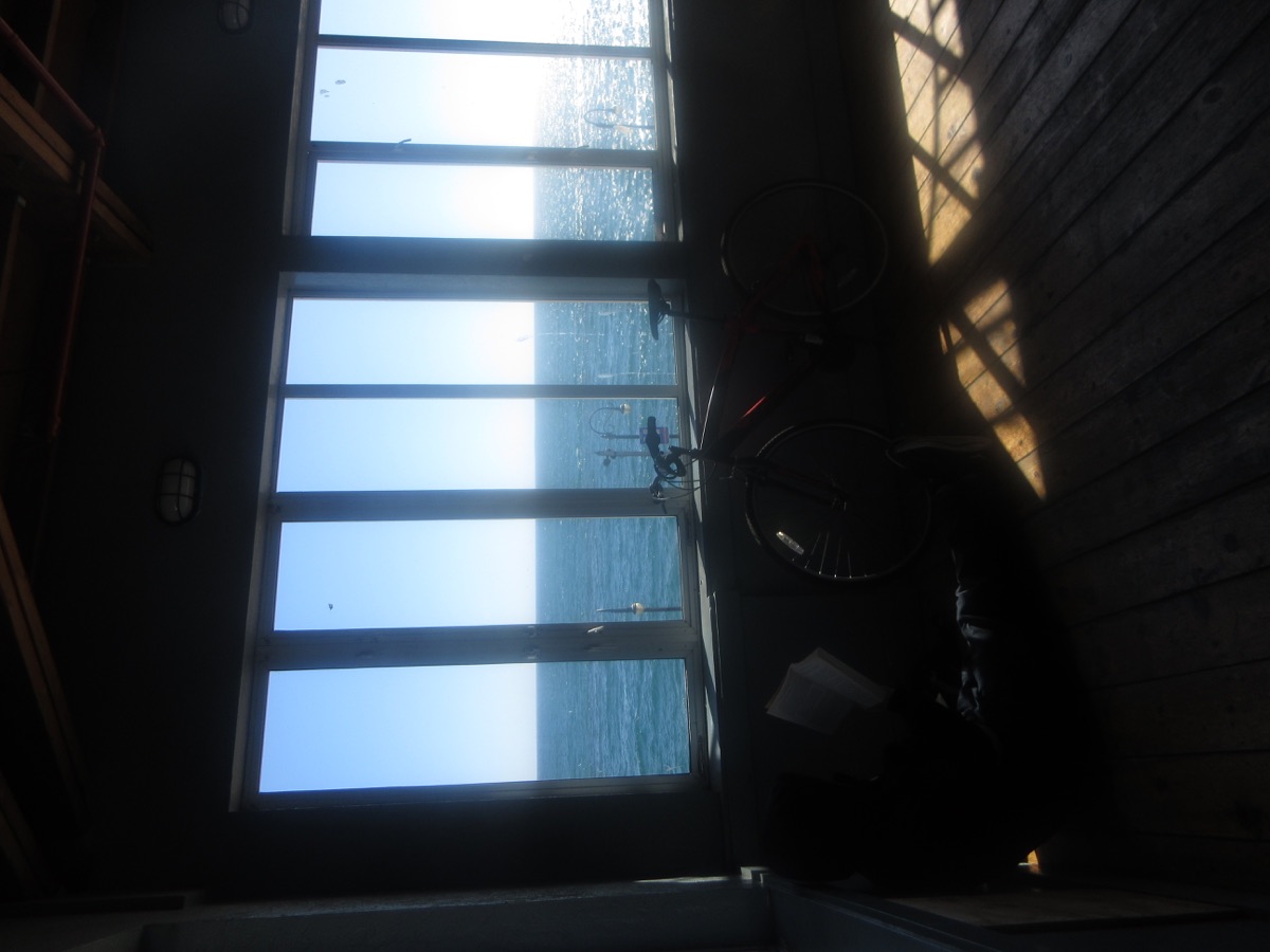 Ocean seen through sunlit windows above a bicycle in Los Angeles